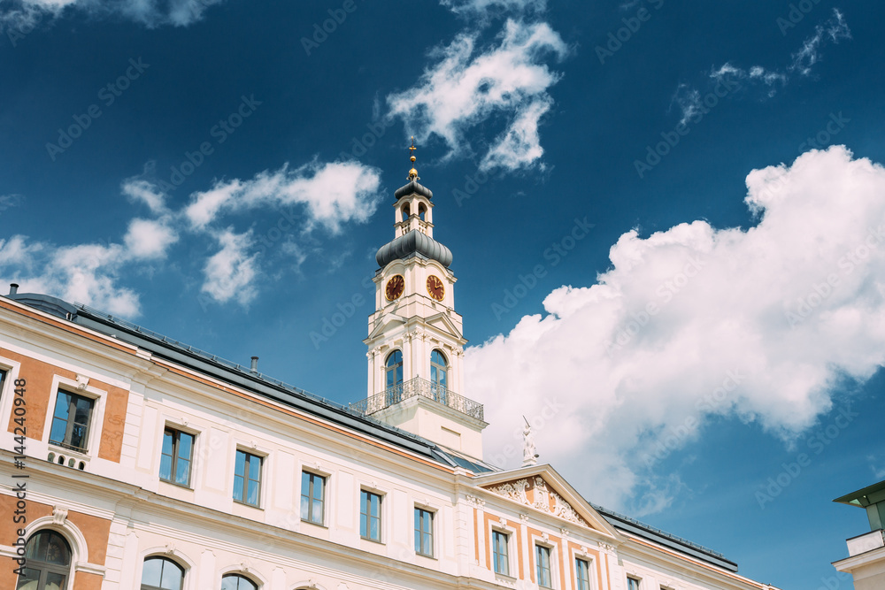 Riga, Latvia. Clock Tower OF Famous Landmark - Old Riga City Hall