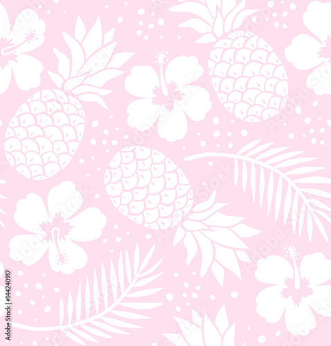 Seamless pineapple and hibiscus pattern. Pink.