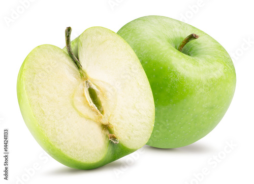 Green apple and half with leaf isolated on white background
