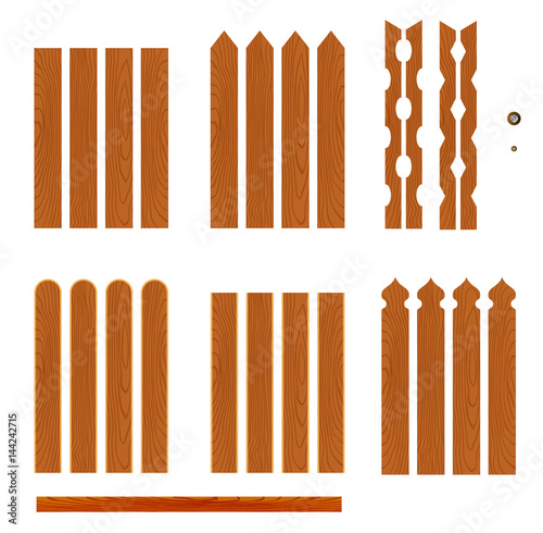 Set of wooden fences sections of different forms isolated on white background. Collection of elements for logos, pictures, print products, page, web and game design. Vector illustration.