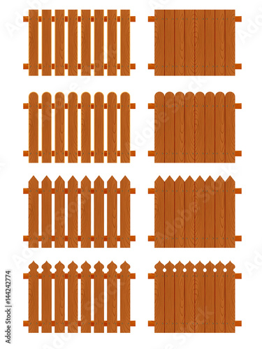 Set of wooden fences sections of different forms isolated on white background. Collection of elements for logos, pictures, print products, page, web and game design. Vector illustration.