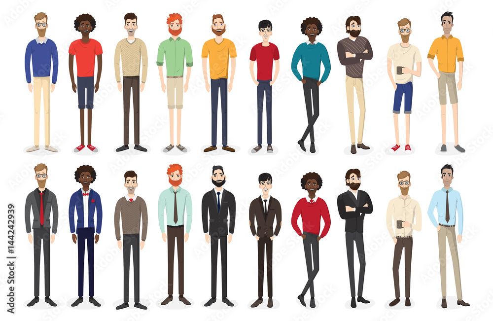 Set of working people standing. Business men and business women in flat design people characters.