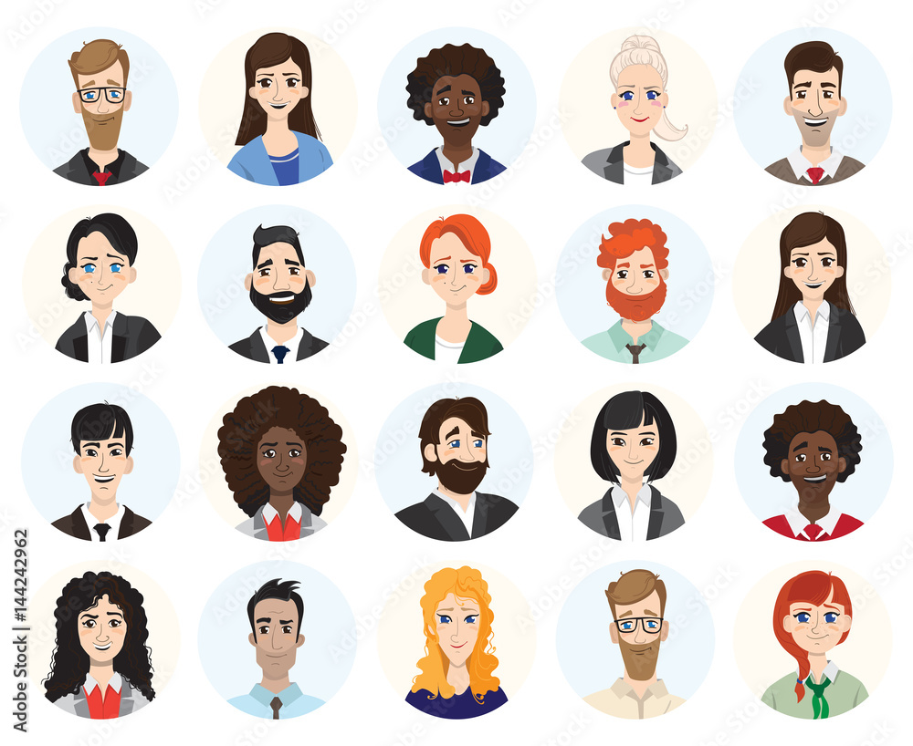 Set of diverse round avatars isolated on white background. Different clothes and hair styles. Cute and simple flat cartoon style Set of diverse round avatars isolated on white background. Different clothes and hair styles. Cute and simple flat cartoon style