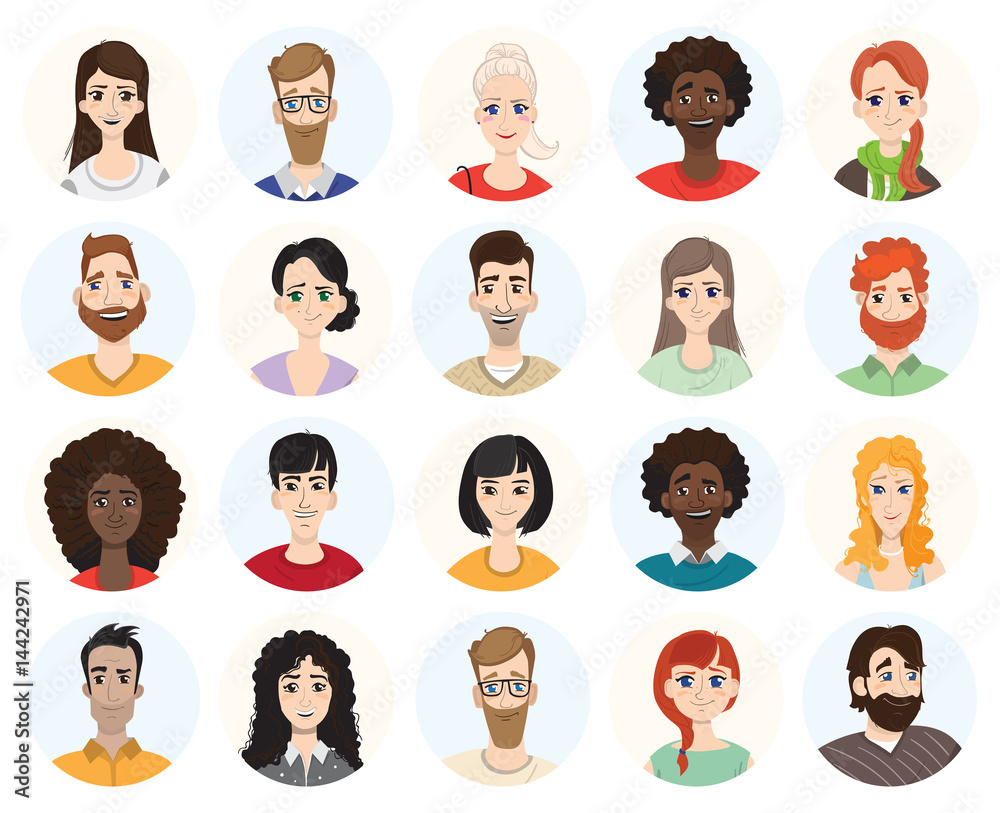 Set of diverse round avatars isolated on white background. Different clothes and hair styles. Cute and simple flat cartoon style Set of diverse round avatars isolated on white background. Different clothes and hair styles. Cute and simple flat cartoon style