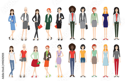Set of working people standing. Business men and business women in flat design people characters.
