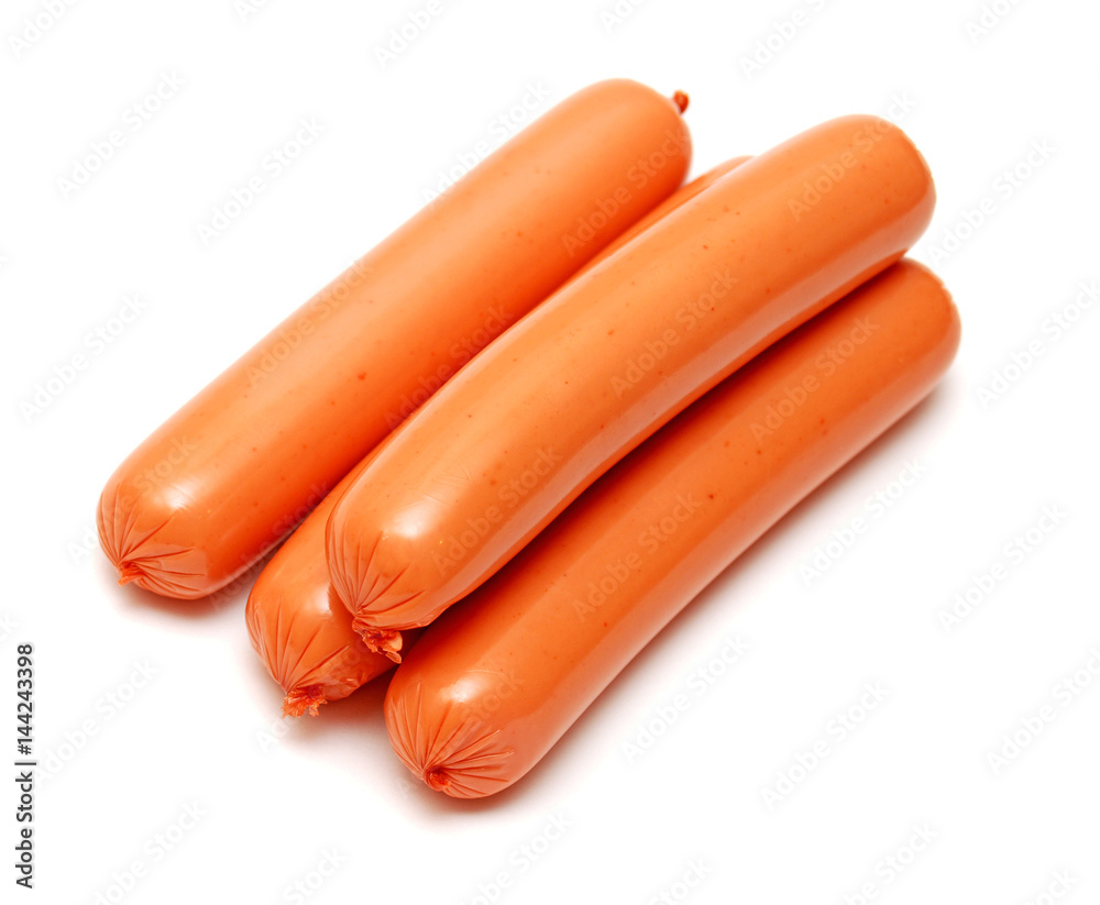 Sausages isolated on white background. Flat lay, top view Sausages isolated on white background. Flat lay, top view