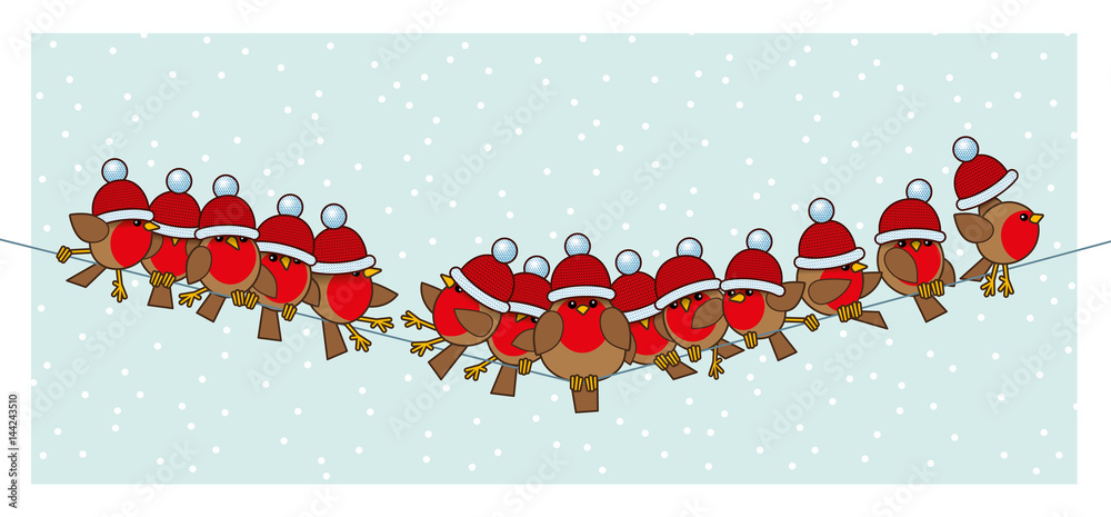 Robins wearing Red Santa Woolly Bobble Hats on Telephone Wire