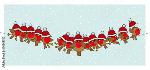 Robins wearing Red Santa Woolly Bobble Hats on Telephone Wire