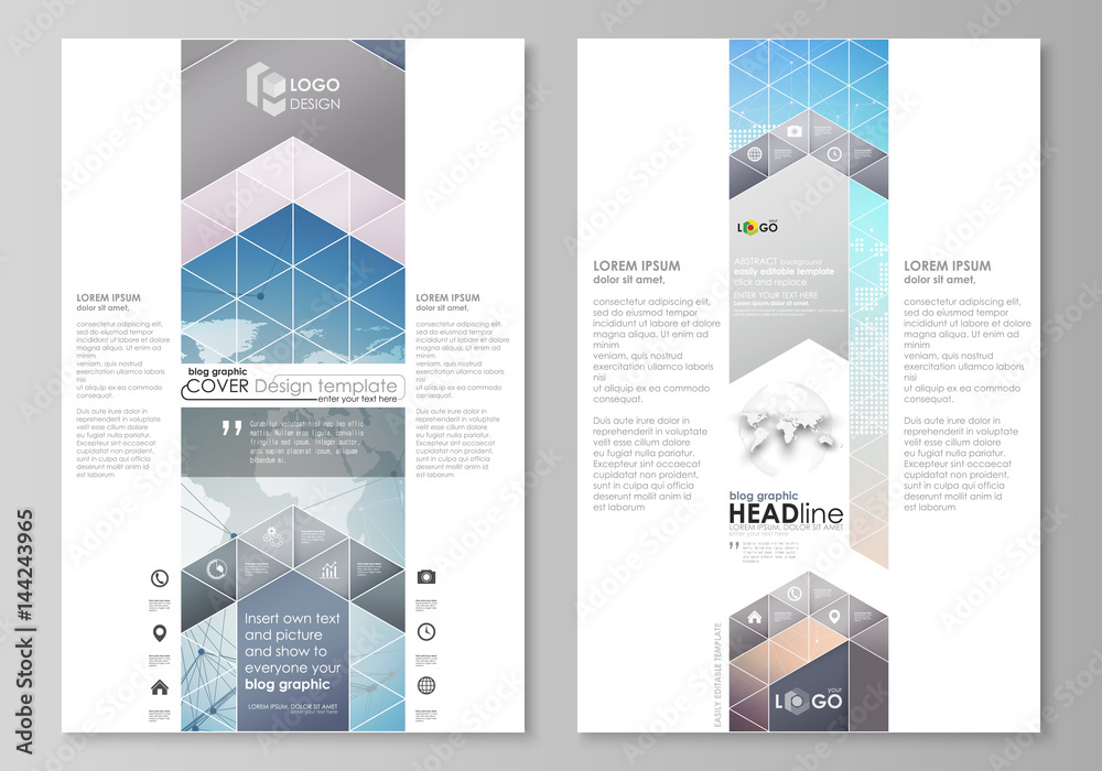 The abstract minimalistic vector illustration of the editable layout of two modern blog graphic pages mockup design templates. Polygonal geometric linear texture. Global network, dig data concept.