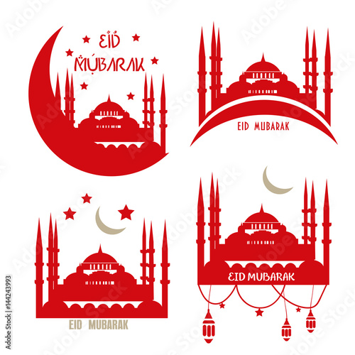 Set of Muslim Community Vector greetings cards. Eid al-Adha, Eid ul-Adha mubarak. Kurban Bayrami, Kurban Bajram muslim festival of sacrifice. Could be also used as Eid al-Fitr greetings.