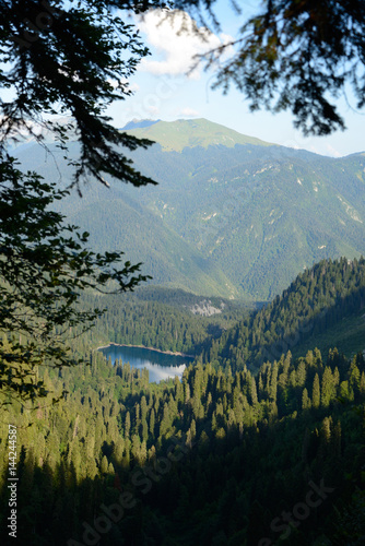 Lake, surrounded by mountains and forests, Malaya Ritsa, Abkhazia,