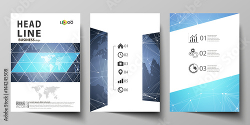 The vector illustration of the editable layout of three A4 format modern covers design templates for brochure, magazine, flyer, booklet. Abstract global design. Chemistry pattern, molecule structure.