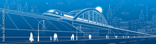Train move on the railway bridge, highway. People walking. Urban infrastructure image, modern city on background, industrial architecture, towers and skyscrapers, airplane fly. Vector design art 