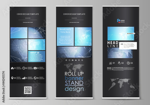 The black colored vector illustration of the editable layout of roll up banner stands, vertical flyers, flags design business templates. Abstract global design. Chemistry pattern, molecule structure.