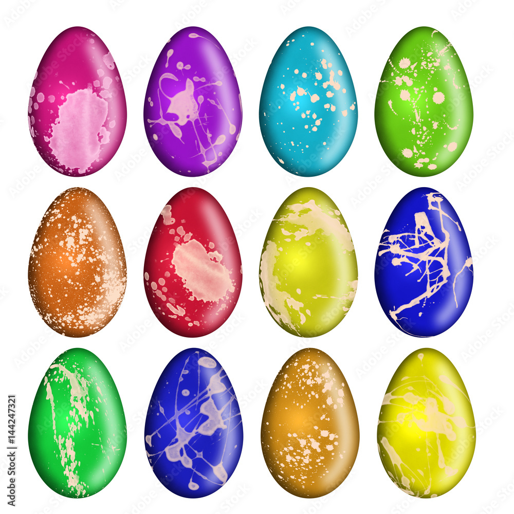 Colored Easter eggs with spots of paint on white background