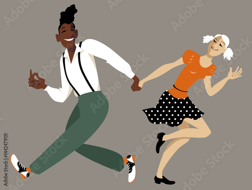 Cute cartoon couple dancing lindy hop or swing, EPS 8 vector illustration, no transparencies