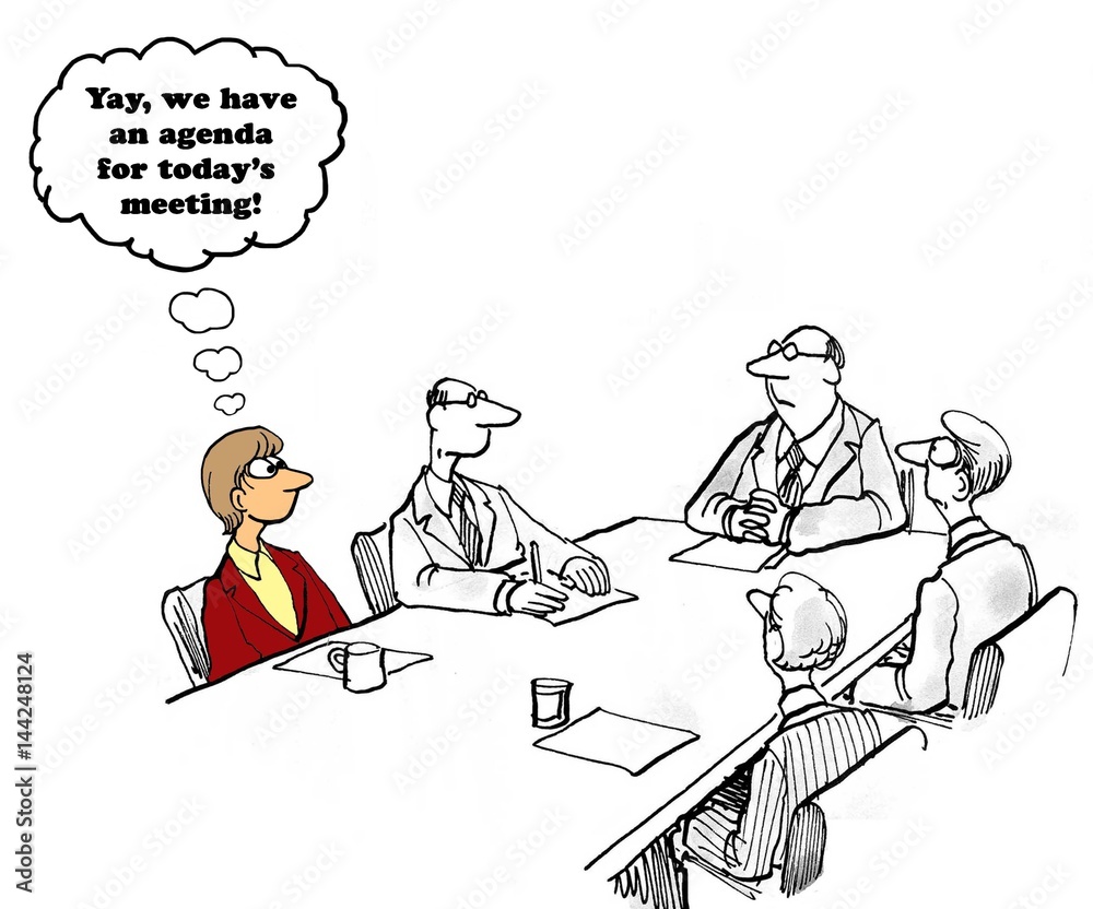 Business cartoon showing a manager happy there is an agenda for the meeting. Business cartoon showing a manager happy there is an agenda for the meeting.