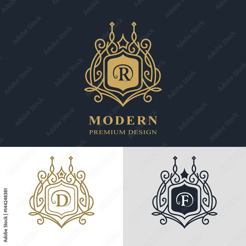 Fototapeta premium Monogram design elements, graceful template. Calligraphic elegant line art logo design. Letter emblem sign R, D, F for Royalty, business card, Boutique, Hotel, Heraldic, Jewelry. Vector illustration