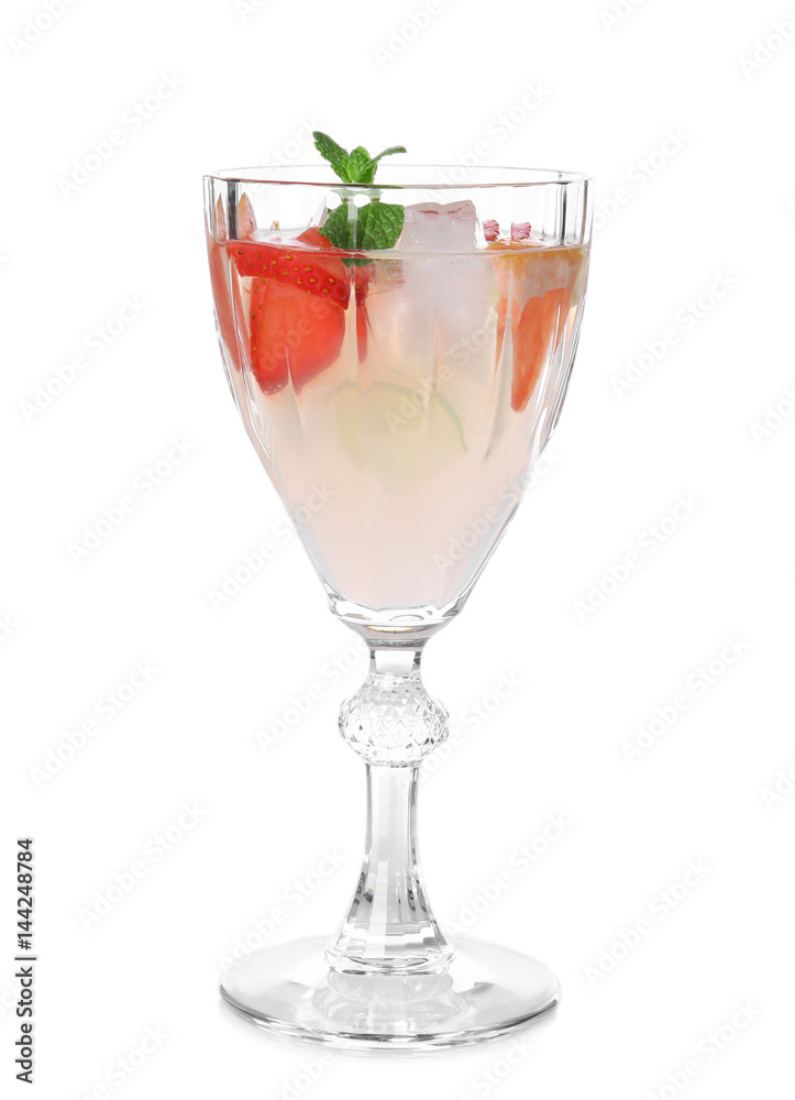 Glass of delicious wine spritzer on white background Glass of delicious wine spritzer on white background