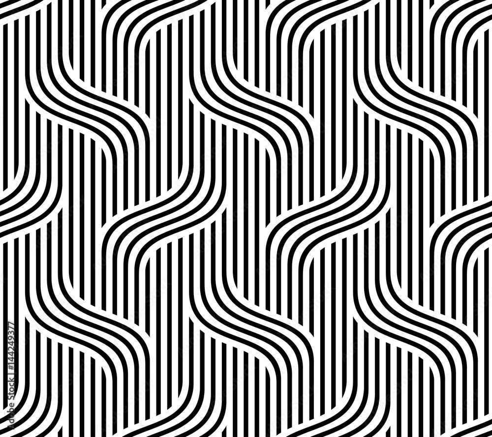 Vector seamless pattern. Modern stylish texture. Monochrome geometric pattern. Curved lines against a background of vertical stripes.