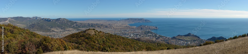 Panorama of Sudak valley from Perchem Mountain top, Crimea, Russia.