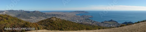 Panorama of Sudak valley from Perchem Mountain top, Crimea, Russia.