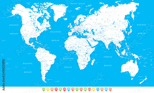 Fototapeta Naklejka Na Ścianę i Meble -  White Blue World Map and Navigation Icons