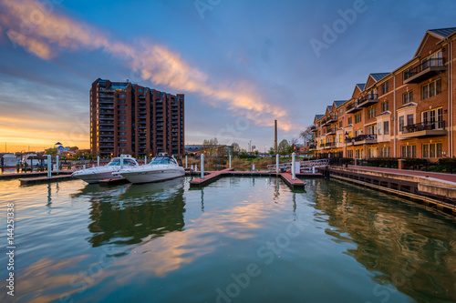Marina and condominiums at sunset  in Canton  Baltimore  Maryland.
