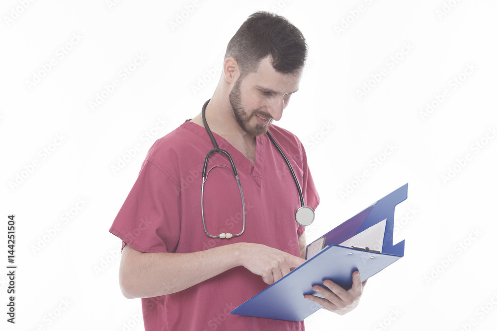 portrait of medical doctor reading a report document portrait of medical doctor reading a report document
