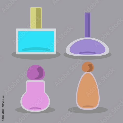 Vector set of flat perfume bottles of different shapes.