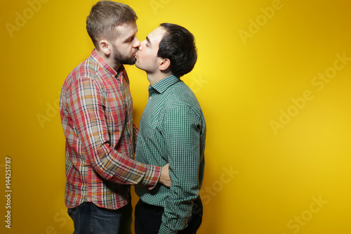 Happy gay couple posing on ...