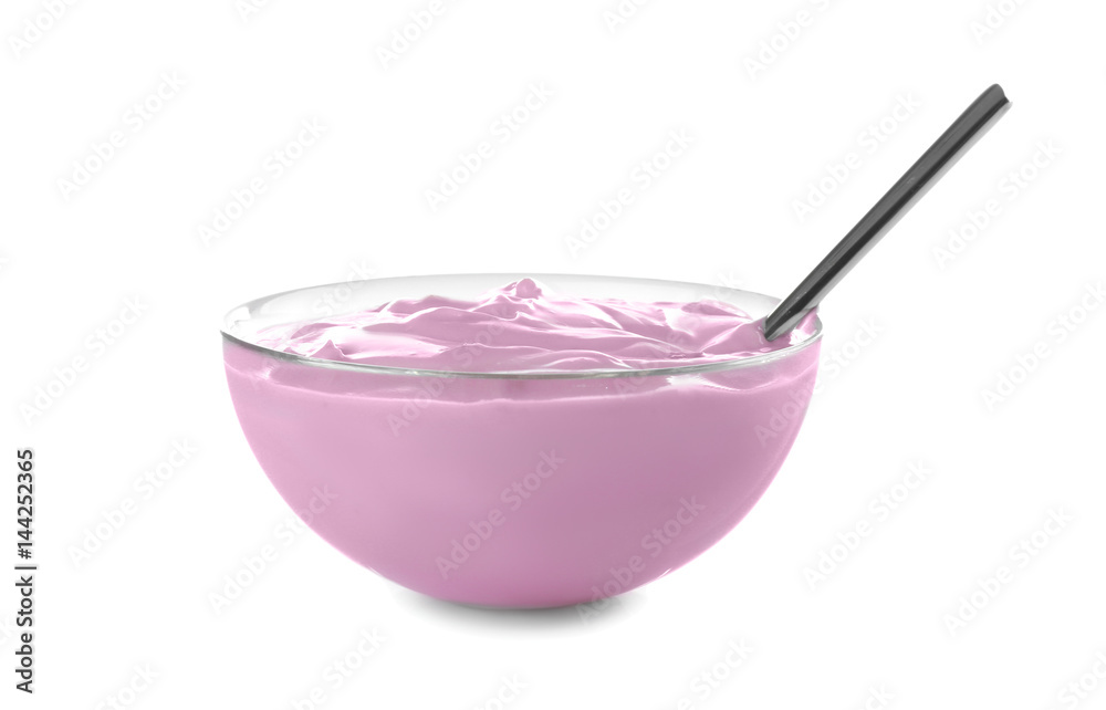 Tasty yogurt in bowl with spoon on white background Tasty yogurt in bowl with spoon on white background
