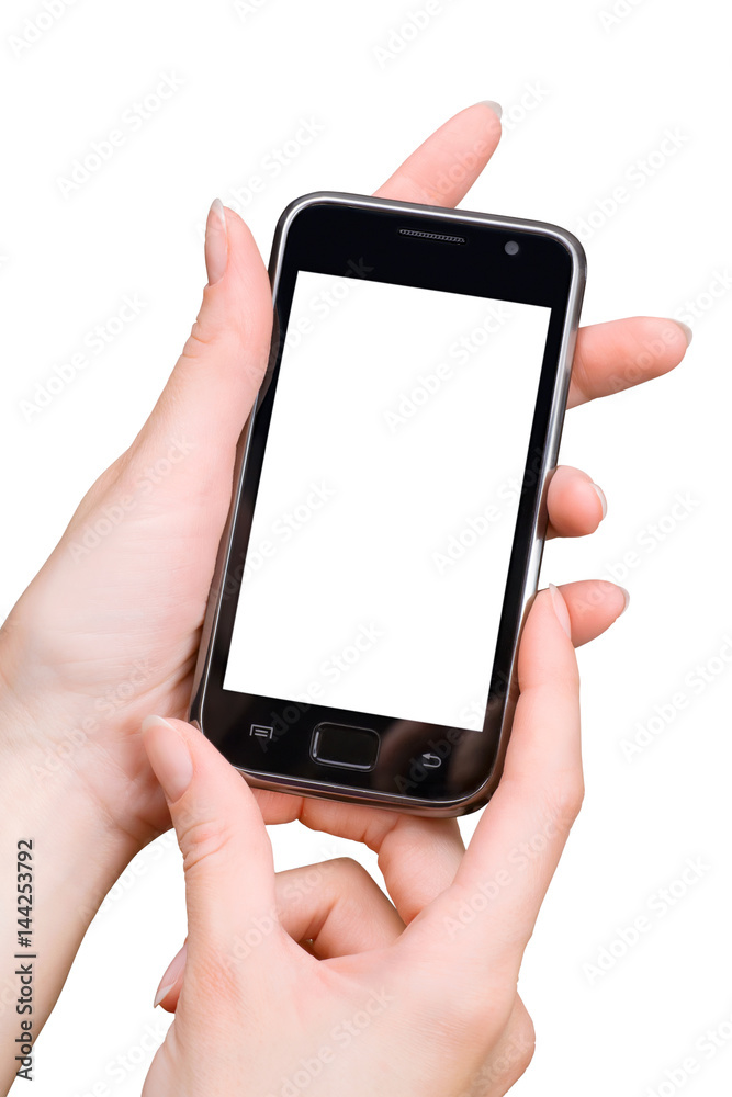 Woman hands using smartphone. Isolated on white with copy space Woman hands using smartphone. Isolated on white with copy space