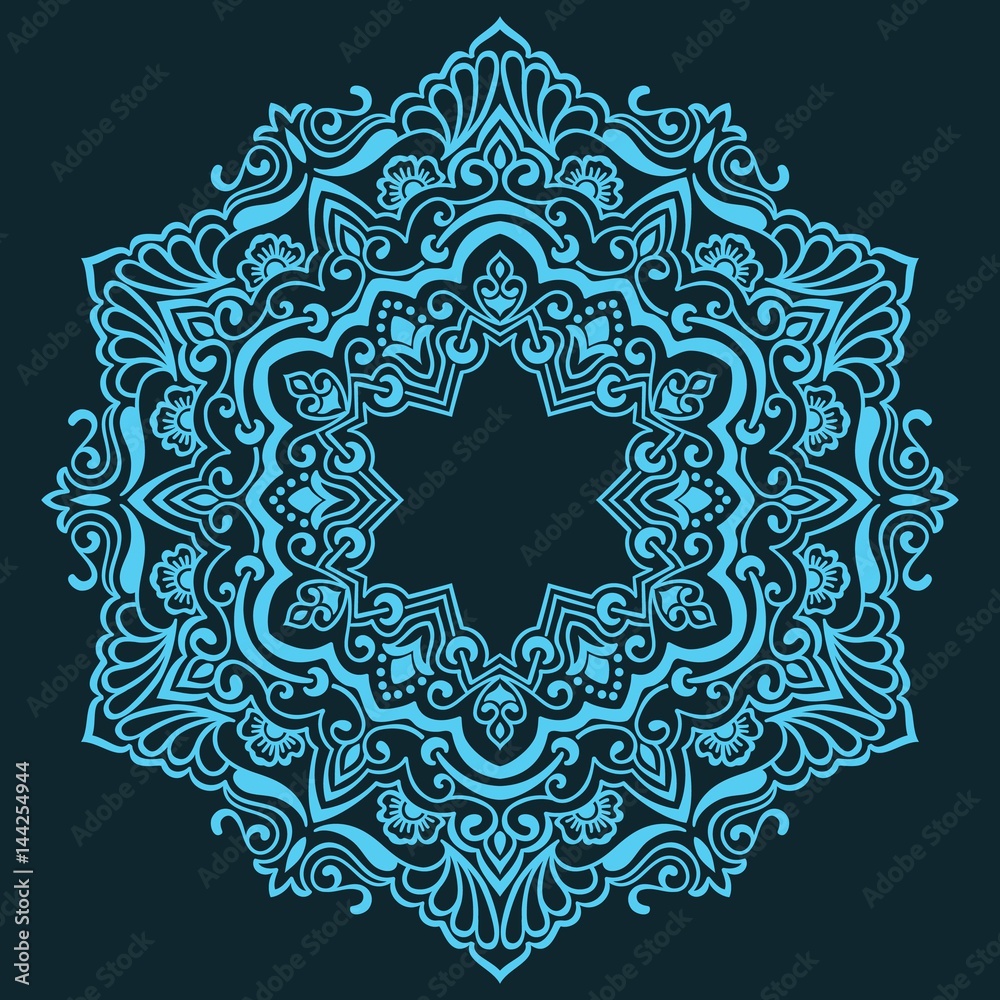 Vector ornamental round lace with damask and arabesque elements. Mehndi style. Orient traditional ornament. Zentangle-like round colored floral ornament.