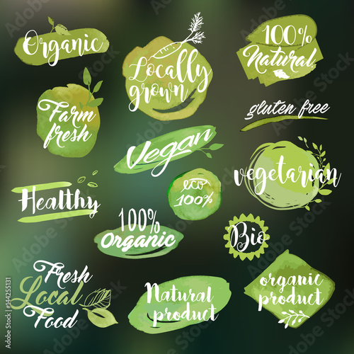 Set of watercolor hand drawn labels and badges for organic food and drink, natural products, restaurant, healthy food market and production, on the nature blurred background. Vector illustrations.