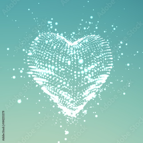 Abstract vector light blue background with glowing heart. Cloud of white shining points in the shape of a heart. Futuristic style card. Eps10
