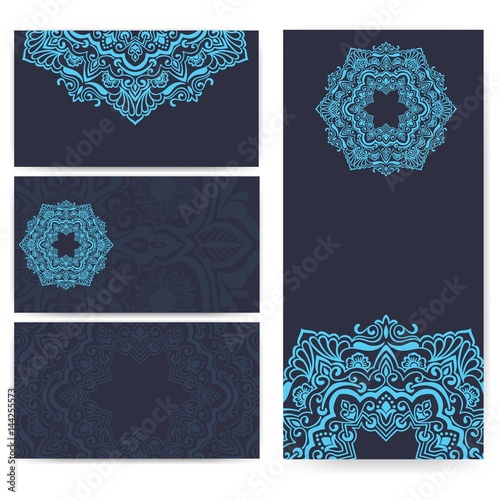 Wedding invitation and announcement card with ornamental round lace with arabesque elements. Mehndi style. Orient traditional ornament. Zentangle-like round colored floral ornament.