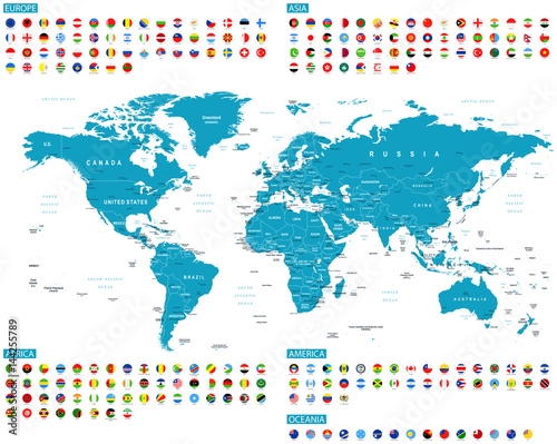 Fototapeta Naklejka Na Ścianę i Meble -  All Round Flags and World Map