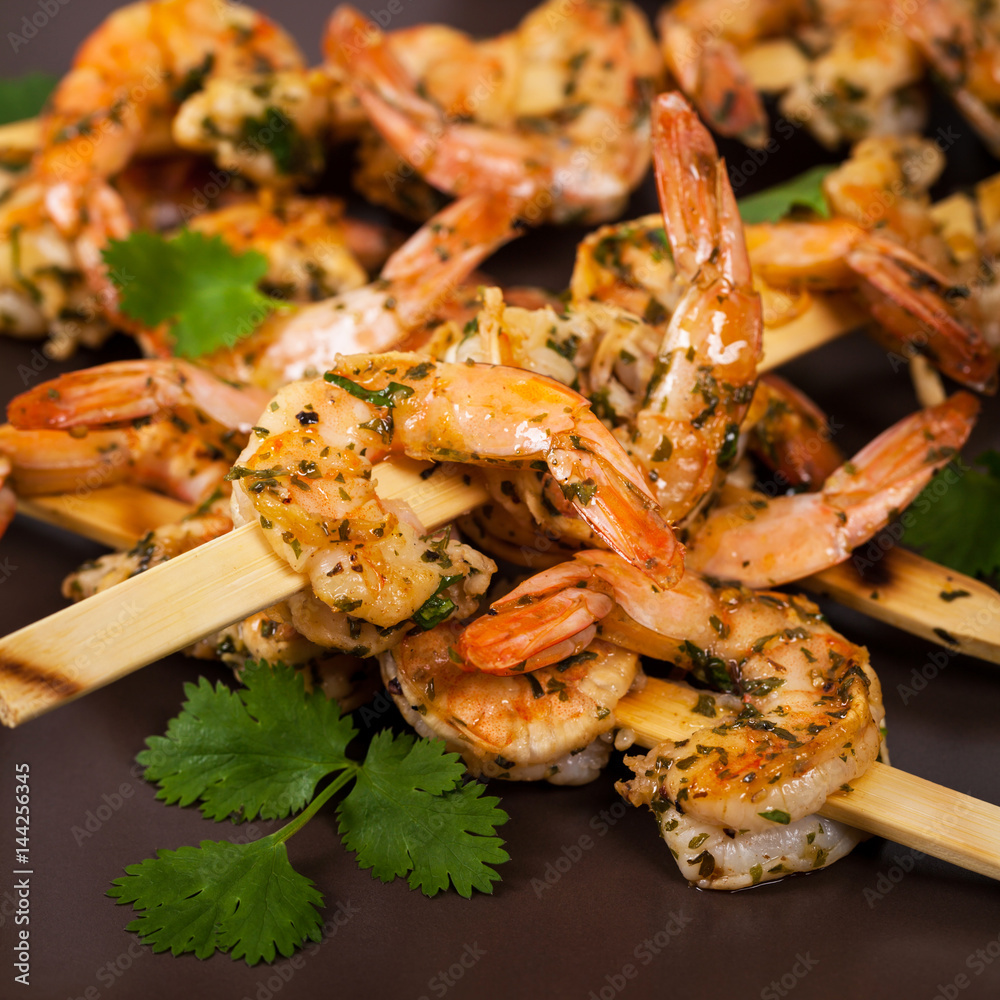 Grilled Shrimp Skewers Appetizer. Selective focus. Grilled Shrimp Skewers Appetizer. Selective focus.