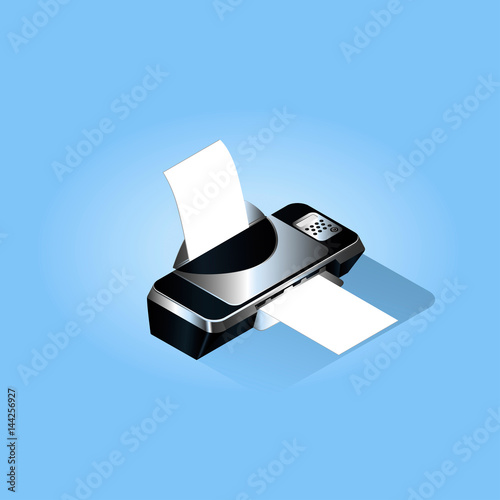 Inkjet printer of black color with a falling shadow on a blue background