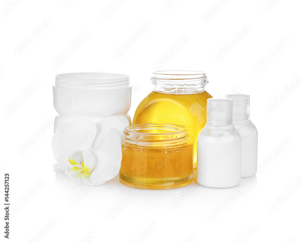 Nutrient cosmetic and delicious honey for spa on white background