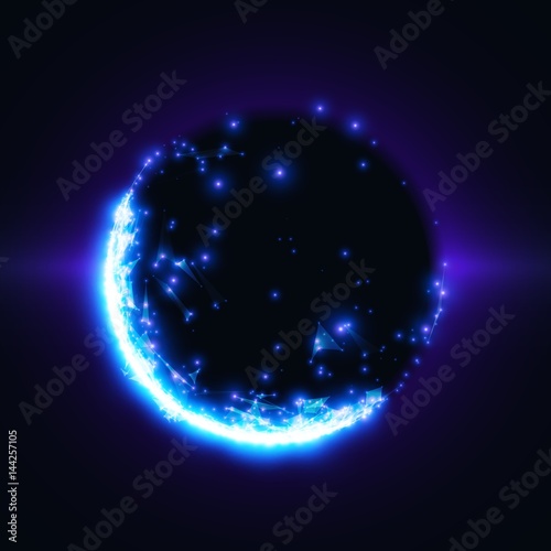 Abstract vector blue mesh background. Black hole or singularity. Futuristic technology style. Elegant background for business presentations. Flying debris. eps10