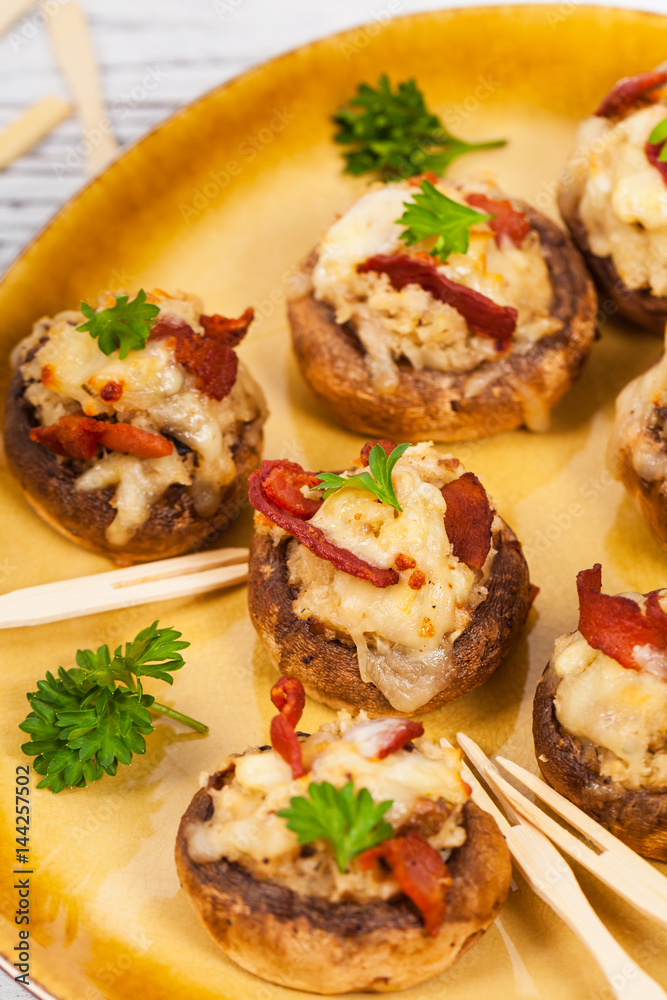 Stuffed Mushrooms with Bacon, Cheese and Breadcrumbs. Selective focus.