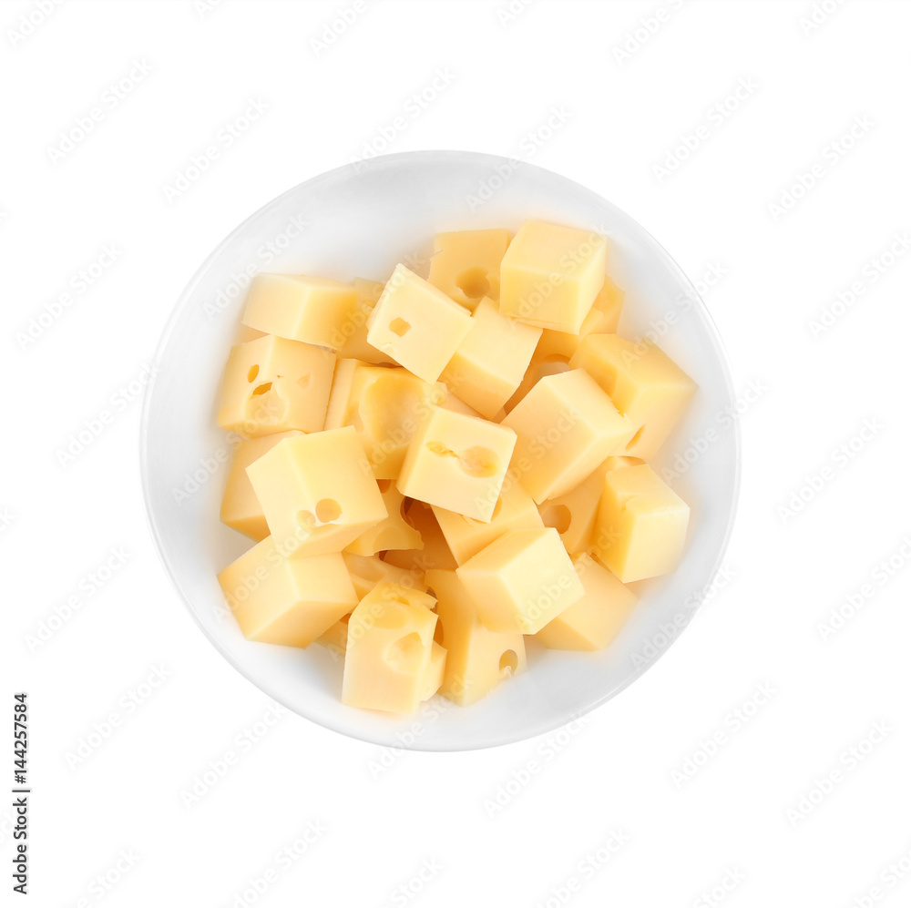 Tasty cheese in bowl on white background Tasty cheese in bowl on white background