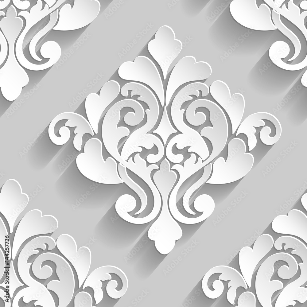 Vector damask seamless pattern element. Elegant luxury texture for wallpapers, backgrounds and page fill. 3D elements with shadows and highlights. Paper cut.