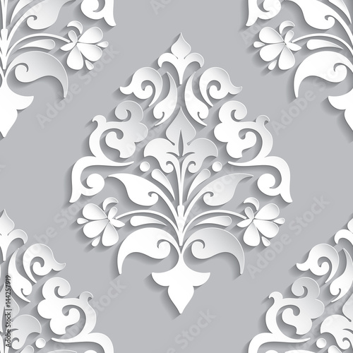 Vector damask seamless pattern element. Elegant luxury texture for wallpapers, backgrounds and page fill. 3D elements with shadows and highlights. Paper cut.