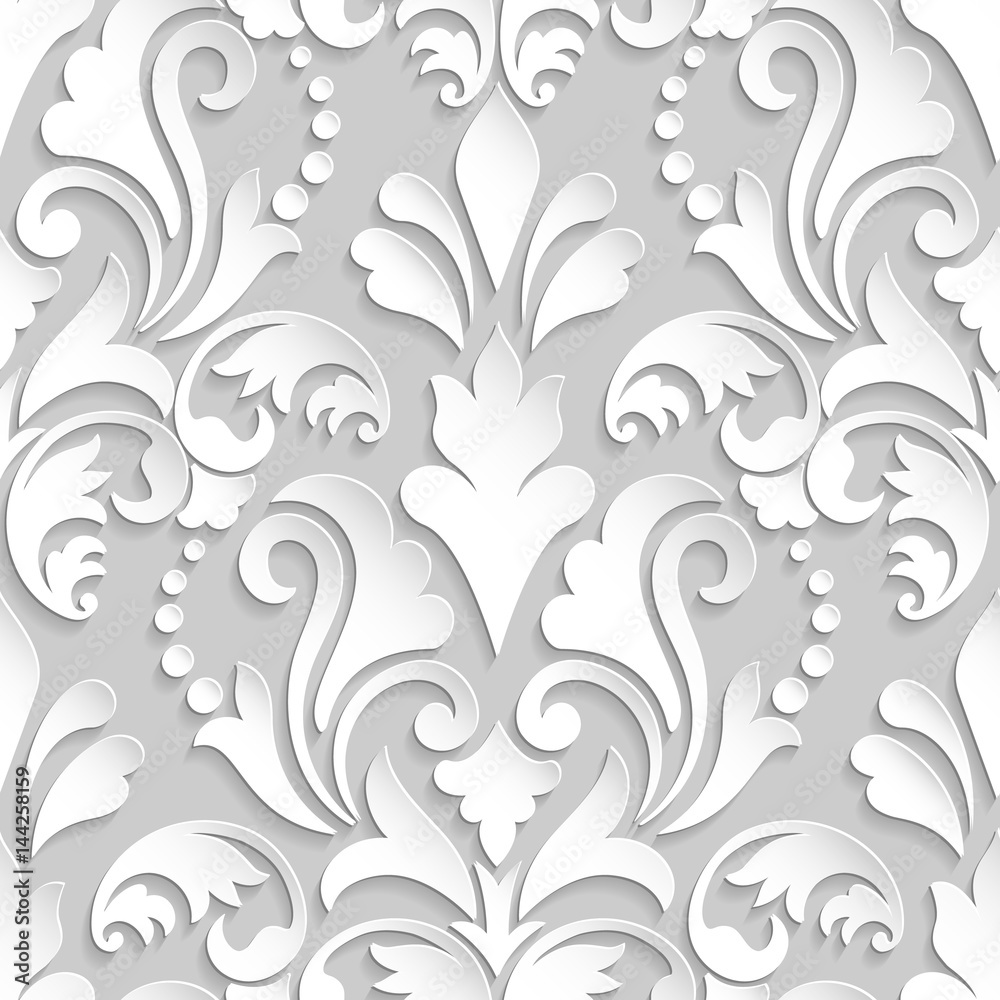 Vector damask seamless pattern element. Elegant luxury texture for wallpapers, backgrounds and page fill. 3D elements with shadows and highlights. Paper cut. Vector damask seamless pattern element. Elegant luxury texture for wallpapers, backgrounds and page fill. 3D elements with shadows and highlights. Paper cut.