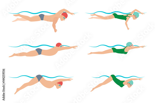 Vector illustration of swimming style scheme different swimmers man and woman in pool sport exercise.
