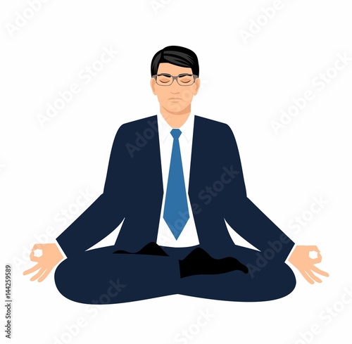 vector illustration businessman in a suit sits in a lotus position and meditate Isolated on white background