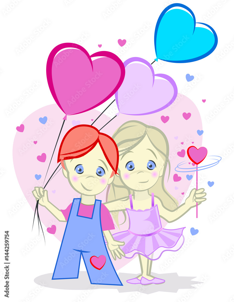 cute boy, girl illustration with balloons and hearts cute boy, girl illustration with balloons and hearts